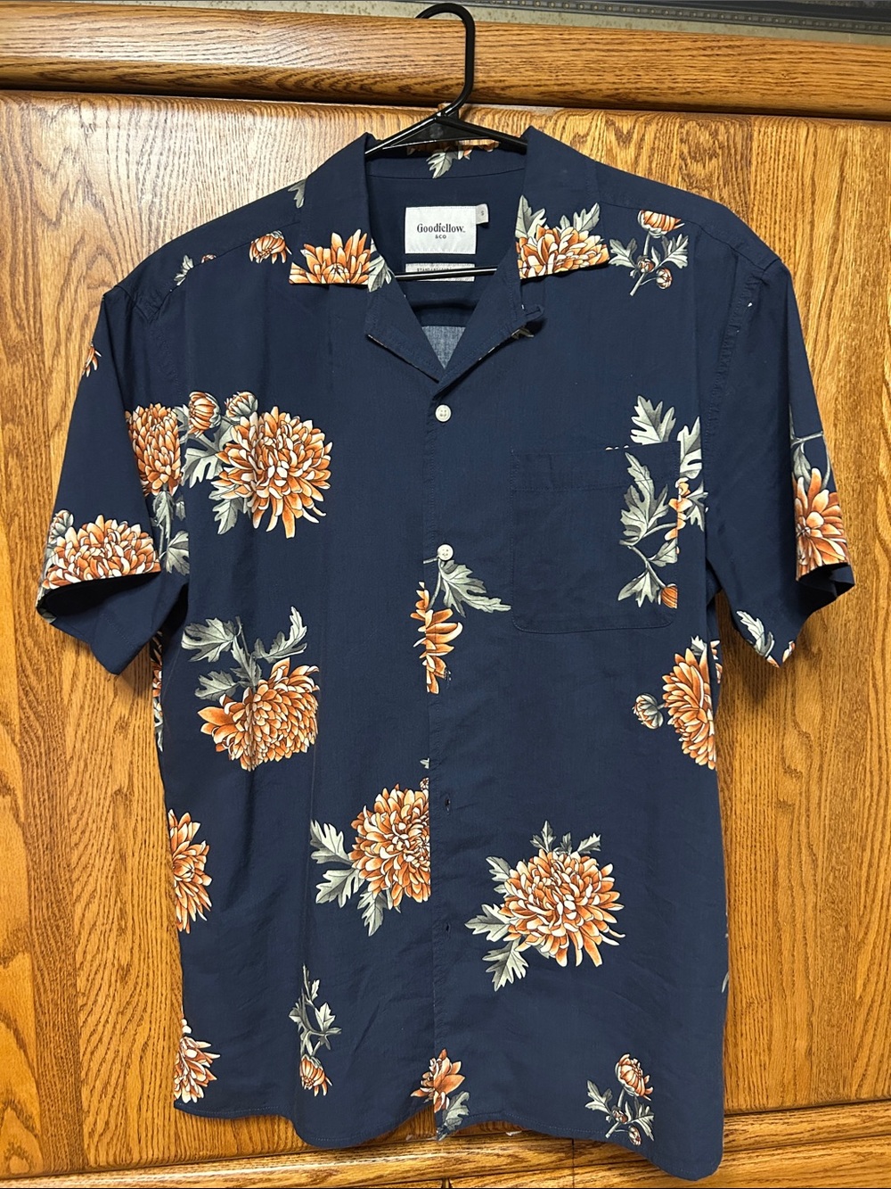Goodfellow & Co Navy Floral Short-Sleeve Camp Shirt with Orange Blooms